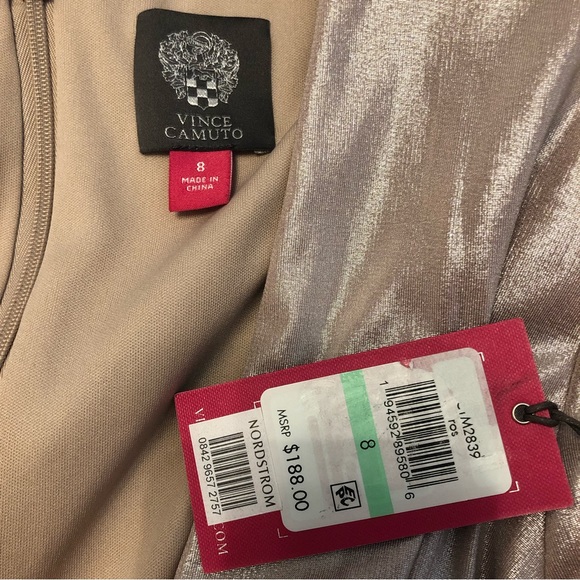 NWT Vince Camuto Metallic Long Sleeve Ruched Waist Metallic Dress Rose Size 8 - Picture 7 of 7
